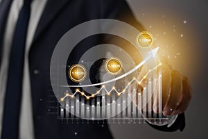 Businessman Hand and Finger Press or Touch Stock Graph and Stock Value TrendBusinessman Hand and Finger Press or Touch Stock Graph