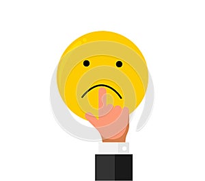 Businessman hand finger stretch pull on mouth lips on smiley emoji sad emotion like rating. Online feedback reputation