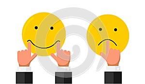 Businessman hand finger stretch pull on mouth lips on smiley face smile and sad emotion like rating. Online feedback