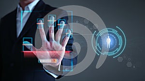 Businessman hand fingerprint scanning screen to access personal user online