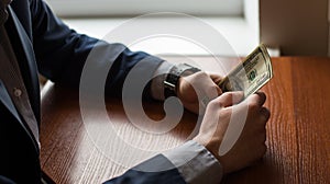 Businessman hand grabbing money, US dollar USD bills.man in suit. wood background