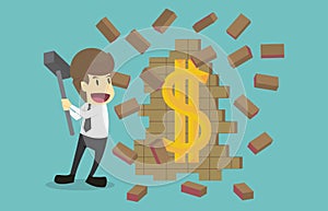 Businessman hand held hammer breaking wall treasure discover icon dollar.Cartoon of business success is the concept of the man ch
