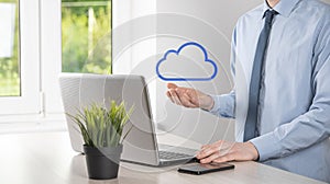 Businessman hand holding cloud.Cloud computing concept, close up of young business man with cloud over his hand.The concept of