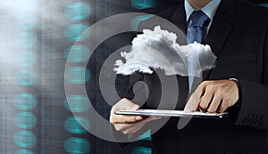 Businessman hand holding cloud network icon