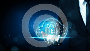 Businessman hand holding cloud server protect data device