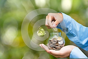 Businessman hand holding coins in the piggy bank for save money . Investment and saving Concept. Green nature background and copy