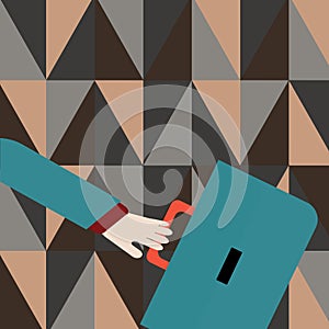 Businessman Hand Holding Colorful Briefcase and Arm Swayed Farther Back is In A Hurry. Creative Background Idea for New