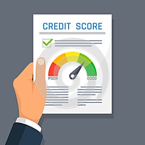 Businessman hand holding credit history finance document with score indicator. Mortgage approval vector concept