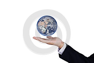 Businessman hand holding globe on hand, isolated on white background. Element of this image are furnished by NASA