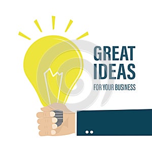 Businessman hand is holding glowing light bulb. Great ideas for your business, landing page template. Brainstorming, innovation