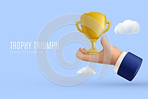 A businessman hand holding a golden cup, emblematic of triumph and success, in a cartoonish 3D style