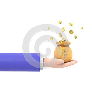 Businessman hand holding green money bag with golden coins. Concept of attraction coins. Financial metaphor