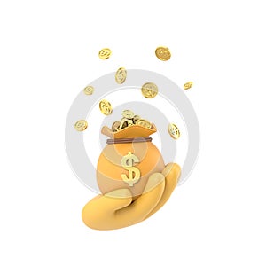 Businessman hand holding green money bag with golden coins. Concept of attraction coins. Financial metaphor,