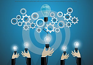 Vector businessman hand holding light bulb cog to propel businesses to achieve marketplace success, flat design. photo