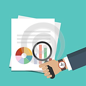 Businessman hand holding magnifying glass over document with graph, reports  icon. Data analysis concept vector illustration. Flat