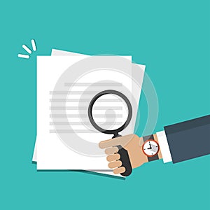 Businessman hand holding magnifying glass over document vector