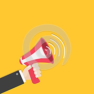 Businessman hand holding megaphone, speaker, loudspeaker icon. Announcement sign symbol. Flat design. Red color. Leftcorner templa