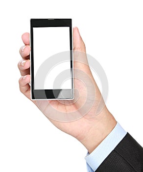 Businessman Hand holding mobile smart phone with blank screen