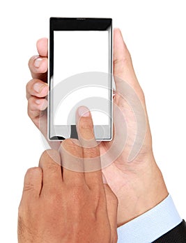 Businessman Hand holding mobile smart phone with blank screen