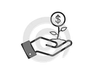 Businessman hand holding money tree. Dollar in hand icon. Growing business concept. Vector