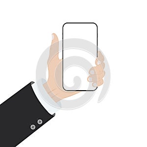 Businessman hand holding new telephone with blank white screen. Vector illustration