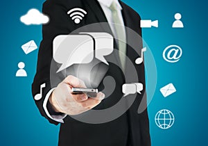 Businessman hand holding smart phone cloud connectivity