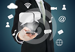 Businessman hand holding smart phone cloud connectivity