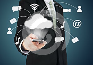 Businessman hand holding smart phone cloud connectivity