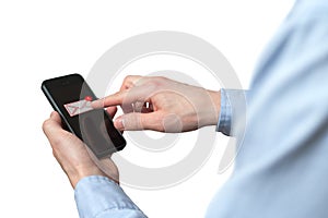 Businessman hand holding smart phone with icon mobile phone, mail, telephone and address. Man`s Hand holding a smartphone. A new