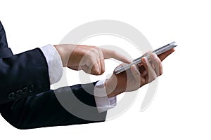 Businessman hand holding smart phone with white background.Copy space