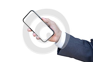 Businessman hand holding smartphone with blank screen isolated onwhite background with clipping path