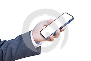 Businessman hand holding smartphone with blank screen isolated onwhite background with clipping path