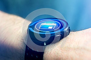 Businessman hand holding smartwatch with car icon