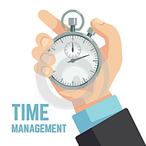 Businessman hand holding stopwatch or clock. Deadline, punctuality and time management business vector concept