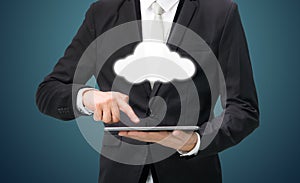 Businessman hand holding tablet cloud connectivity