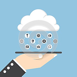 Businessman hand holding tablet and share data on cloud