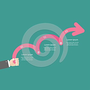 Businessman hand holding three step pink upwards arrow with Timeline Infographic and text. Template. Flat design.