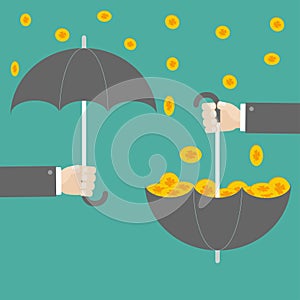 Businessman hand holding umbrella with success gold clover coin. Flat design.