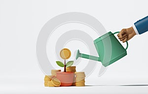 Businessman hand holding watering can to water plant in growing pot with pile of coins on white background