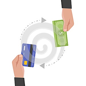 Businessman hand holds credit card and money exchange vector illustration