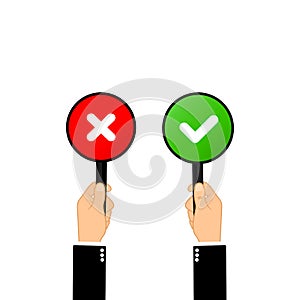 Businessman hand holds signboard check mark, cross icon flat for banners on isolated background. Eps 10 vector. Business concept