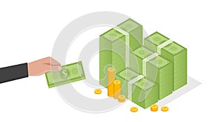 Businessman hand holds a stack of green dollars money vector illustration