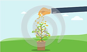 Businessman hand investing money coin tree with can. growth, investment concept with flat and solid color style.