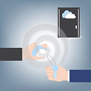 Businessman hand with key to another hand for opening door, cloud computing concept illustration vector in flat design