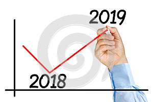 Businessman hand marker improvement graph 2019 year isolated