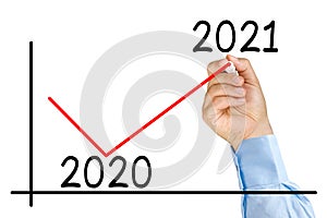 Businessman hand marker improvement graph 2021 year isolated