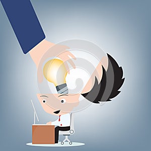 Businessman hand open head and put light bulb idea into brain, creative concept illustration vector in flat design