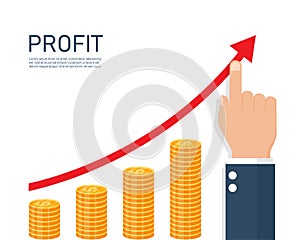 Businessman hand pointing graph arrow financial increase. Dollar pile and profit growth concept.business and finance. Vector