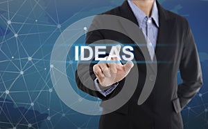 Businessman hand pressing button ideas.