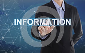 Businessman hand pressing button information.